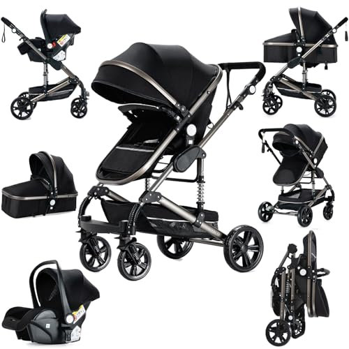 Prokoke Kinderwagen 3 in 1, Buggy mit Umkehrbarem Zwei-Wege-Schub, Kinderwagen Rahmen Aluminiumlegierung, Kombikinderwagen 3 in 1 Einem Klick Faltbar Baby Kleinkind Neugeborene (739 Black)
