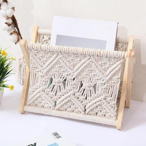 ARSBORUI Makramee Zeitungsständer Boho Zeitungskorb Zeitungshalter Aufbewahrungskorb,Holz + Baumwollseil,Rustikale Boho Wohnkultur Für Wohnzimmer, Bad, Büro, Kinderzimmer