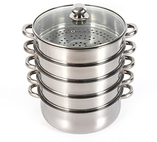 Olla de vapor con 5 niveles de acero inoxidable, 26/28/30 cm de acero inoxidable con tapa de cristal y dos compartimentos de vapor, mango engrosado, compatible con mayoría placas de cocción (26cm)