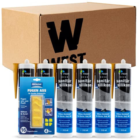 W West Boxx Set aus 6x Profi Sanitär Silikon 310ml in Caramel und Fugen-Ass, Sanitärsilikon ideal für Sanitärbereich, Küche, Bad, WC, Glas, Fliesen, Keramik