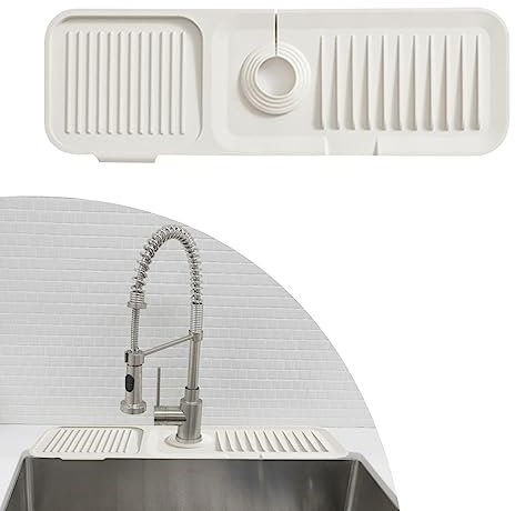 NiCoLa Silicone Faucet Handle Drip Catcher Tray Kitchen Sink Splash Guard, Automatic Drainage Silicone Faucet Mat for Kitchen Counter, Wall and Tap Area (Beige)
