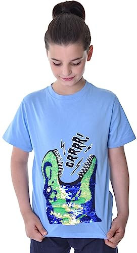 Trex Dino Kinder Jungen Wende Pailletten Lang T-Shirt Bluse Kurzarm Blau 140-146