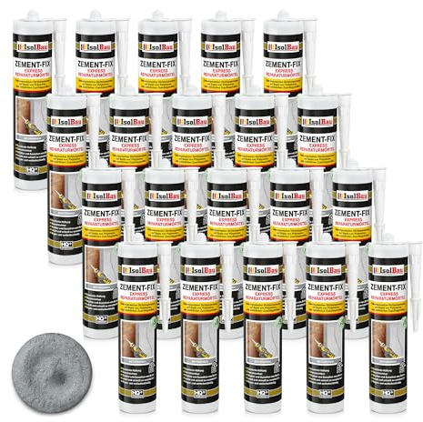 Isolbau Zement-Fix 20 x 300 ml Betongrau Express Reperaturmörtel - Dichtungsmasse für Fugen & Risse im Innen- & Außenbereich, Kartusche