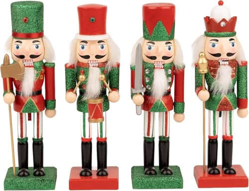 SHATCHI Lot de 4 Casse-Noisettes en Bois de 25 cm - Soldats Roi Batteur marionnette - Décoration de Noël - Décoration de Maison, Bois, Rouge et Vert