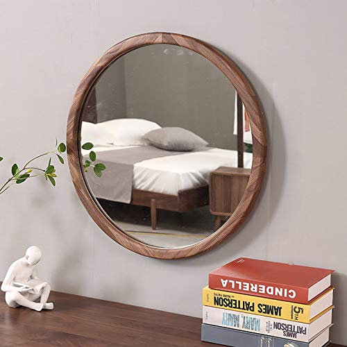 MKYOKO Moderner runder Spiegel mit Holzrahmen aus schwarzem Walnussholz, 50 cm, 60 cm, 70 cm – wandmontierte Möbeldekoration für Schlafzimmer, Eingangsbereich, Wohnzimmer
