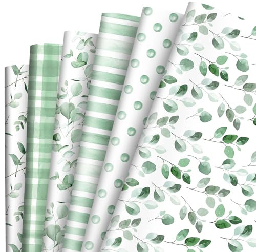 Whaline 12 Blatt grünes Geschenkpapier Aquarell grüne Blätter Geschenkpapier Bulk gefaltetes flaches Eukalyptus Bastelpapier für DIY Handwerk Party Geschenk Verpackung Supplies, 50,8 x 71,1 cm