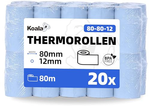 Koala Thermorollen 80mm x 80m x 12mm (20 Stück) - Kassenrollen - 80mm Thermo für Registrierkasse - Bonrollen Thermo 80mm für Bondrucker - Thermopapier – BPA Frei