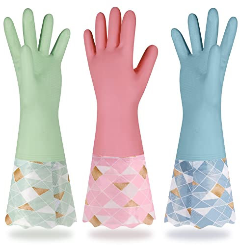 Yiomxhi 3 Paires Gants de Ménage, Gants à Vaisselle avec Doublure en Coton, Longs Réutilisables Gants de Nettoyage de Cuisine pour Laver la Vaisselle Nettoyage du Linge Gants