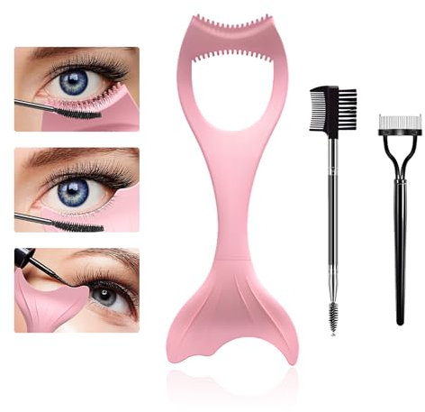 Prreal Mascara Shield Guard, 3-teiliges Eyelash Kit mit Wimperntrennwerkzeug und Wimpernbürste, multifunktionaler Silikon-Mascara-Schutz und Eyeliner-Schablone (Pink)