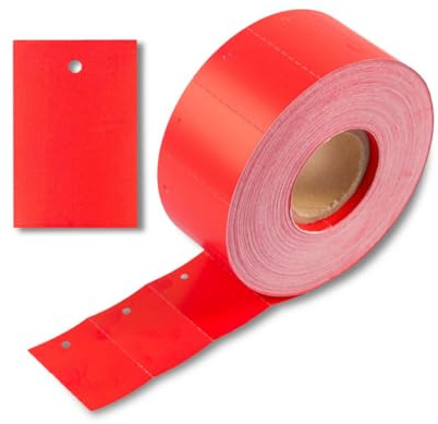POKORNYS - 1.000 blanko Kartonetiketten mit Loch (30 x 45 mm) rot I perforierte Etiketten zum Beschriften auf einer Rolle I Preisschilder mit 3 mm Lochung für Sicherheitsfäden & Heftfäden
