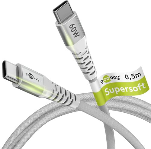 Goobay 70192 Schnellladekabel USB C 60W 20V / 0,5m / Extrem robustes Textilkabel / 480 Mbits Ladekabel USB C / Schnellladekabel Samsung USB C Kabel / Stoffkabel Weiß