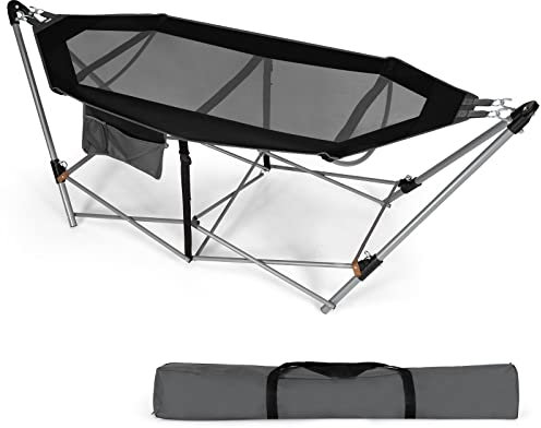GOPLUS Hängematte mit klappbarem Gestell, Hängemattengestell aus Metall bis 150kg Belastbar, tragbar mit Seitentasche & Tragetasche für Indoor & Outdoor, Camping Terrasse Garten Balkon(Schwarz)