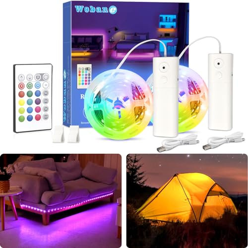 WOBANE Rechargeable RGB LED Strip Lights with Remote Control,2x2m Strip Light Battery Powered,Color Changing Led Lights for Bedroom,Party,Shelf,Sofa,Desk,Game,Holiday,DIY Indoor Decoration,2000mAh