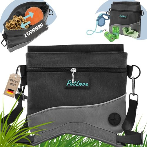 PetLove Leckerlibeutel für Hunde • Futterbeutel mit Magnetverschluss • Inklusive Kotbeutelspender & verwendbar als Bauchtasche • Grau