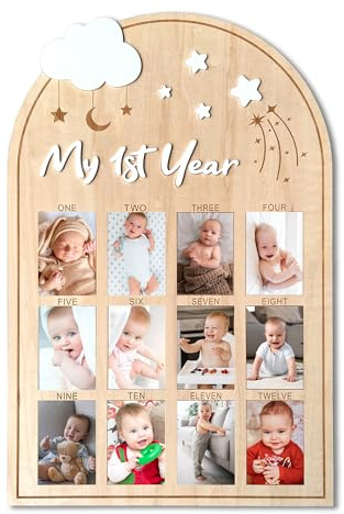 Mein erstes Jahr Holz Fototafel, Baby erstes Jahr Bilderrahmen, ein Jahr Geburtstag Foto Display Holztafel, 12 Monate Meilensteinbrett Fotorahmen, Geschenk für Neugeborenes Baby 1. Geburtstag