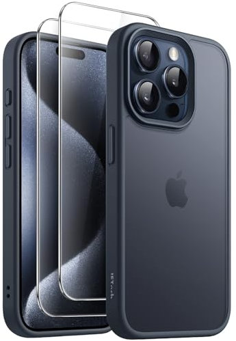 JETech 3 in 1 Matte Case for iPhone 15 Pro Max 6.7-Inch with 2-Pack Tempered Glass Screen Protector, Translucent Frosted Shockproof Phone Cover (Blue Titanium)
