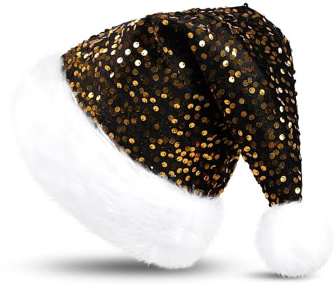 KONVINIT Weihnachtsmütze Erwachsene Nikolausmütze Weihnachtsmann Mütze Santa Claus Mütze mit Glitzer Pailletten und Plüsch Rand für Festliche Weihnachtsfeier Tannenbaum,schwarz gold