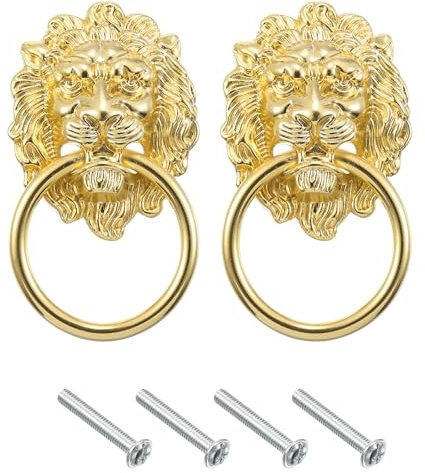 sourcing map 2 Pcs Lion Head Pulls Knob, 3.54 x 2 Zinc Alloy Vintage Lion Door Handle Decorative Front Door Knob Ring Pull Handle for Gate Cabinets Drawers, Gold