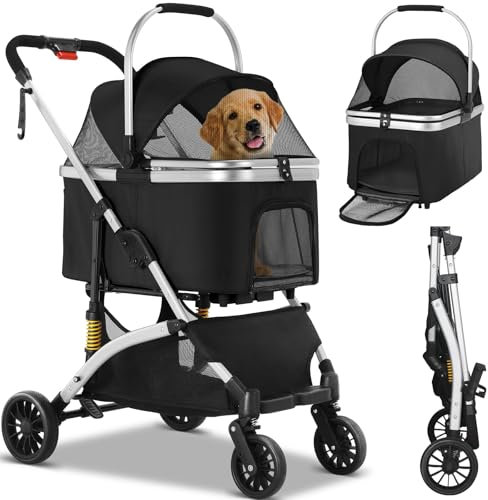 Hundebuggy 3 in1 Hundewagen Hundebox Transporttasche,Faltbar klappbar Katzenwagen,Bis 20kg,4 PCS 360° Verschleißfeste Gummiräder, Ablagekorb, Getränkehalter,für kleine Hunde Katz, Silber schwarz