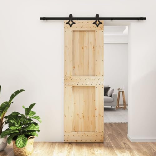 Gecheer Set Porta,Scorrevole,del Granaio,con Kit Binario,Se Hardware,Ferramenta,in Legno di Pino,Naturale e Nero,C,70x210 cm,Binario 200 cm,Porta del Granaio Sorrevole con Kit Binario