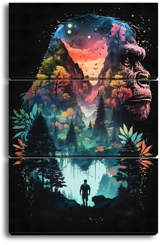 deyoli Leinwandbild Natur und Affe verschmelzen, Urwald offenbart Wesen der Wildnis. Format: 120x80cm (3Teilig) XXL Kunstdruck Bild auf Holzrahmen/Wandbild/Wohnzimmer Dekoration
