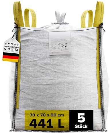 D-TACK 5x Big Bag | 70 x 70 x 90 cm | Säcke für Bauschutt, Holz, Laub, Kies, Sand, Erde, Gartenabfall, Grünschnitt, Pellets | 4 Schlaufen für Kran & Stapler | 1.000 kg | Inkl. Schürze zum Zubinden