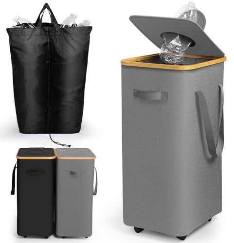 SOUTHGATE Pfandflaschen Sammelbehälter mit Rollen, 90L Schlanker Pfandbehälter, Leergut & Altglas Aufbewahrung mit Loch [inkl. XXL Tragetasche], Flaschensammler mit Deckel für Küche & Abstellraum