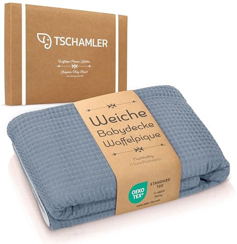 TSCHAMLER® Babydecke 80x100 cm – Musselin & Waffelpique, Oeko-TEX® geprüft, Baby Decke für Neugeborene - liebevoll verpackt als Geschenk - 100% Baumwolle, Baby Blanket Newborn – Blau