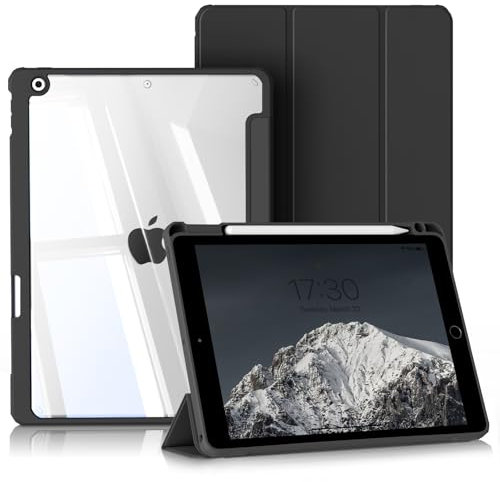 BQDIYOO Case for iPad 9th Generation, 10.2 Inch iPad 8th/7th Cover with Pencil Slot, Clear Hard Back Protective Shell for 9/8/7 Generation, Auto Sleep/Wake, Black
