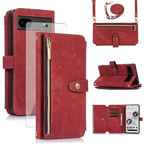 Asuwish Handyhülle für Google Pixel 6A Hülle mit Band Folie Schutzfolie Kartenfach Klappbar Leder Geldbörse Ständer Pixel6A 6 A 5G A6 Handy Hüllen Schutzhülle Reißverschluss Schutzglas Phone Case Rot
