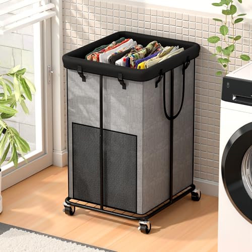 YKDIRECT 150L große Wäschekörbe, Wäschekörbe, Wäschekörbe, Metallrahmen und abnehmbare Tasche Design mit Rädern für Schlafzimmer, Bad, Schlafsaal, Waschküche (Kationisch)