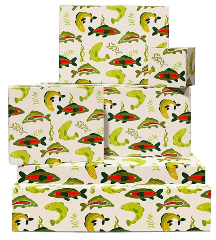 Fisch-Geschenkpapier – Seefisch – 6 Bögen grünes Papier für Weihnachten, Geburtstage, Jahrestage, Hochzeiten – Lustig für Erwachsene, Mütter, Väter, Opas, Mädchen, Jungen, Männer