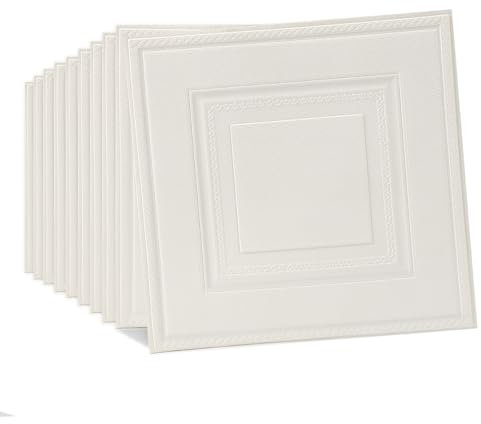 Beswitory 10PCS White 3D Wall Panels Wood Panel Effect Wallpaper, 3D Textured Peel and Stick Wall Panels, Self-Adhesive Waterproof PE Foam, Design for Interior Wall Decor, 35x35cm