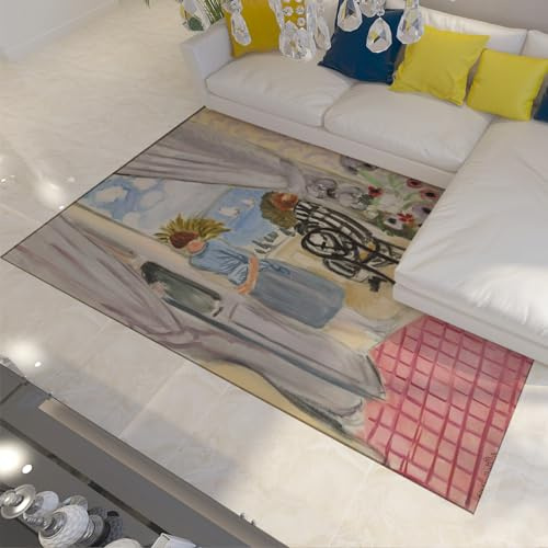 FEIPUHOME Art Fauvism Aesthetic Area Rug 120x150cm Sailboat Race Outside the Window Famous Painting Prints Indoor Carpets Washable for Bedroom Corridor
