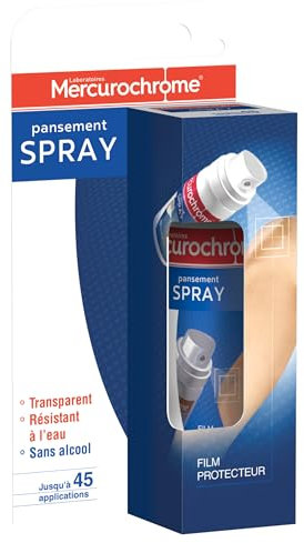 MERCUROCHROME - Pansement spray - Petites blessures - Film protecteur transparent- 45 applications - Résistant à l'eau - Sans alcool - 40 ml - Premiers secours