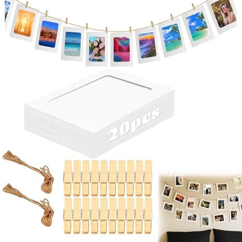 PcvGef 42 Stück Fotogirlande Set, 20 Fotorahmen 15x20 Cm Mit 20 Stück Holzklammern,2 Seile 2 M,Bilderrahmen Mit Klammern Und Leine, Für DIY Geburtstag Hochzeit,Weihnachtsgeschenke