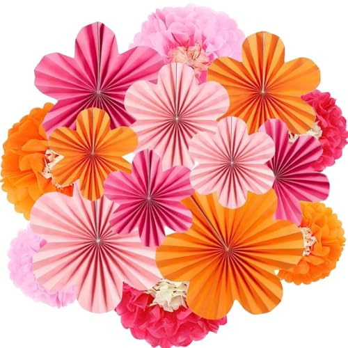 XFSRG 15 Stück Papierblumen Set Hängedeko, 3D Fächerblumen in Rot Rosa Orange, Hochzeit Party Geburtstags Deko, Festliche Wanddekoration für Zuhause und Veranstaltungen