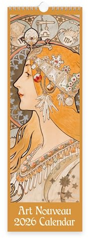 Jugendstil schmaler Wandkalender 2026 | Monatsplaner mit edlem Jugendstil Kunstwerk | Klassischer Dekostil | Drahtbindung mit Aufhängeschlaufe