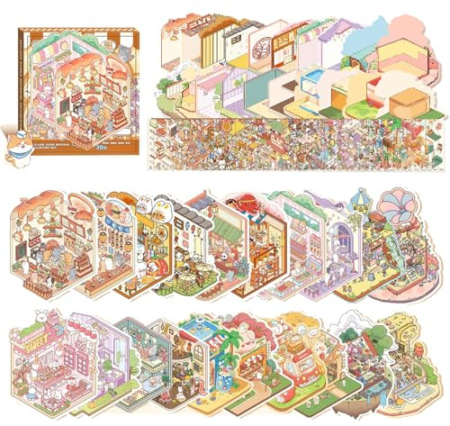 Goorder 3D House Stickers Scene Set, 20 Sets Stickerbuch Wiederverwendbar, Sticker Therapy, DIY-Aufkleber für Basteln, with 30 PET Sticker, 20 Mminiatur Haus, Relief Stress für Erwachsene Kinder