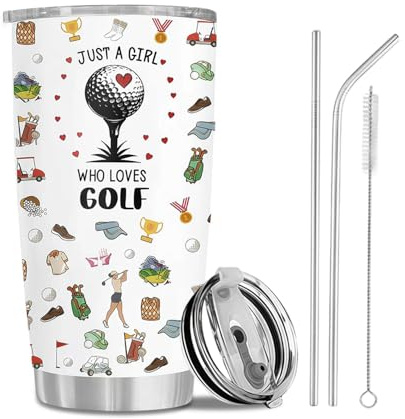 Leseogye Edelstahl Thermobecher Golf Theme, Golf Geschenke, Cafe Kaffeebecher, Travel Mug Mit 2 Strohhalmen (Gerade+Gebogen) & Bürste, Edelstahl-isolierter Becher für Golf Liebhaber 20OZ