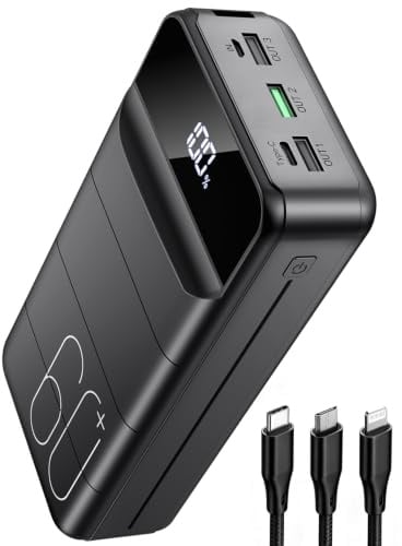 PDBEST Power Bank 60000mAh, 22,5 W USB-C Schnellladung Große Power Bank | 4 Ausgänge 2 Eingänge, LED Display, Integrierte Taschenlampe, Großer Kapazität, Reise-Essential für iPhone & Android Schwarz