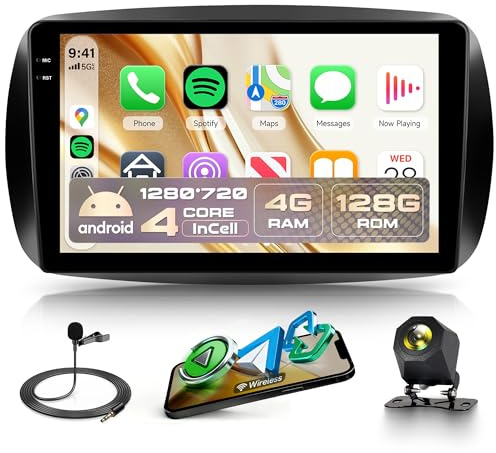 4G+128G Android Autoradio per Mercedes Benz Smart Fortwo 453 2014-2020 Wireless Carplay Android Auto, 9 Pollici Incell Touchscreen Radio con GPS Navi WiFi Bluetooth FM/RDS/EQ/SWC Telecamera Posteriore