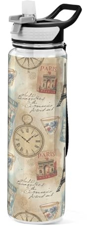 Cgiub Bouteille d'eau Tritan sans BPA réutilisable avec couvercle à paille anti-fuite, large goulot pour salle de sport, fitness, extérieur, randonnée et voyage, tour de Paris 1000 ml