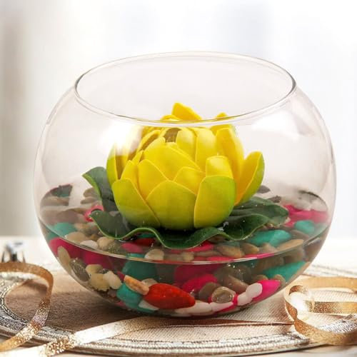 TiedRibbons Vaso redondo de cristal con flor artificial de loto y piedras naturales para decoración del hogar y regalos