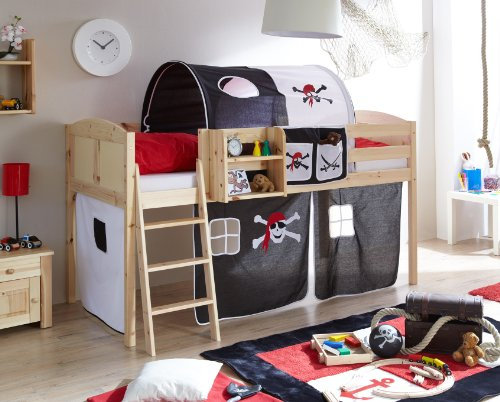 Hochbett Spielbett Eric Landhaus Kiefer massiv Natur, Vorhangstoff:Pirat Schwarz Weiss