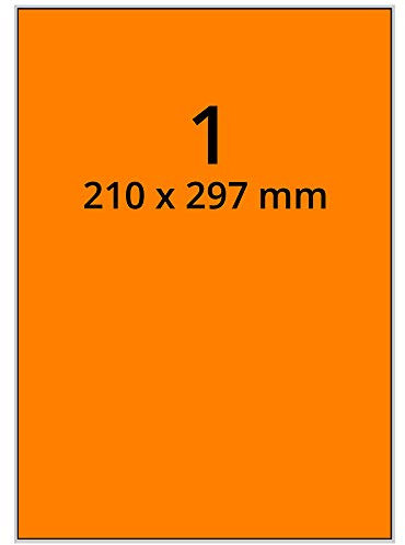 Farbige Etiketten auf A4 Bogen, neonorange - 210 x 297 mm - 100 Papier Aufkleber auf 100 Blatt, selbstklebende Laser-Etiketten fluorisierend leuchtfarbig