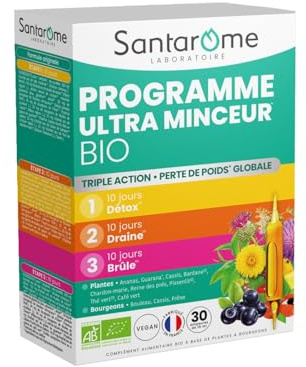 SANTAROME Programme Ultra Minceur Bio - Détox, Drainage - 30 Ampoules | Programme Bio 3 étapes : détox, drainage, brûle les graisses - Bardane, pissenlit, thé vert + 3 bourgeons - 1/jour - France