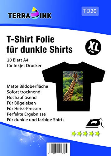 Terra Ink T-Shirt Folie für dunkle Textilien - 20 Blatt XL Pack Textilfolien DIN A4 - Transferfolien zum Aufbügeln/Bügelfolie für Inkjetdrucker - ausdrucken - aufbügeln - fertig