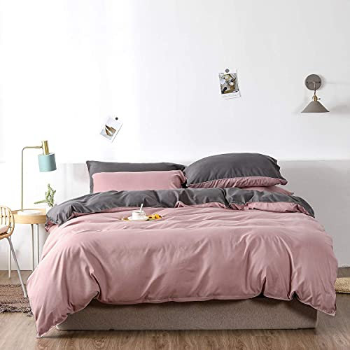 Chanyuan Bettwäsche 155 x 220 cm Rosa Grau Microfaser Wendebettwäsche Set Uni Deckenbezug Bettbezug 155x220cm mit Reißverschluss und 1 Kissenbezüge 80 x 80 cm