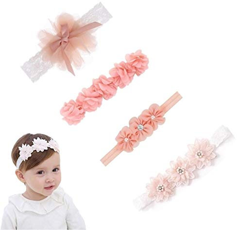 4 Stück Stirnband Baby Mädchen Blumenstirnbänder mit Fleckband Elastisches Nylon Haarband Neugeborenes Stirnband Baby Haarschmuck für Party Hochzeit